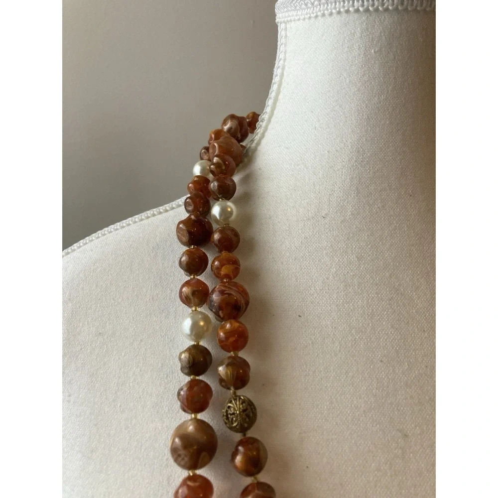 Vintage Double Strand Necklace‎ In Earthy Brown Nugget Bead Faux Pearl Gold Tone